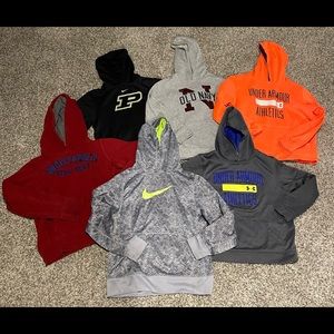 Lot of Boys size L hoodies. Brands include Nike, Under Armour, Abercrombie, ON.